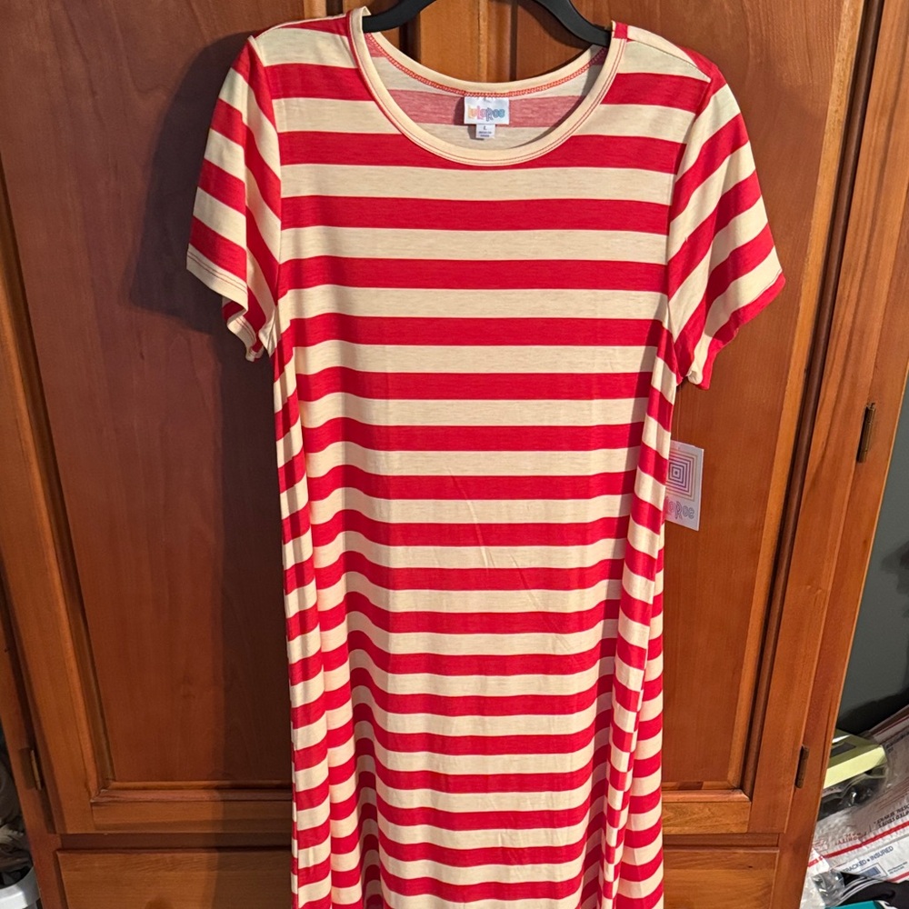 LuLaRoe Carly Red and Cream Striped High Low Dress